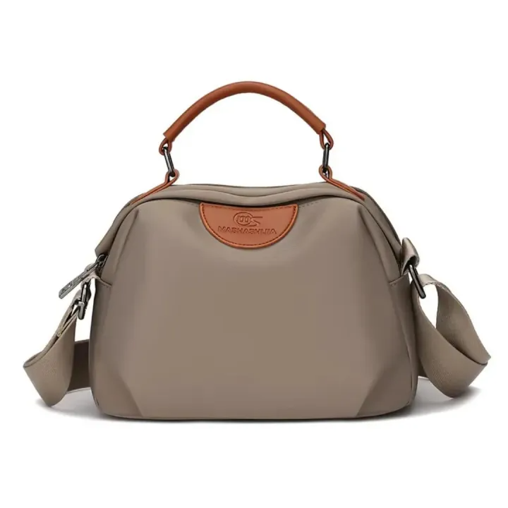 Portable Nylon Cloth with Cowhide Shoulder Bag(Grey)